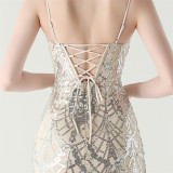 Women Beaded Tube Fishbone Lace-Up Sequin Formal Party Evening Dress
