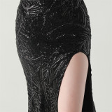 Women One Shoulder Beaded Sequin Embroidery Formal Party Prom Wedding Evening Dress