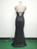 Women Beaded Tube Fishbone Lace-Up Sequin Formal Party Evening Dress