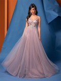 Women's Elegant A-Line Low Back Beaded Mesh Pink Sequin Strap Bridesmaid Formal Evening Dress