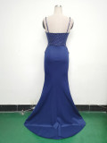 Women Strappy Heart-Shaped Lace Grid Embroidery Beaded Fishbone Formal Party Evening Dress
