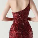 Women One Shoulder Beaded Geometric Sequin Formal Party Prom Wedding Evening Dress