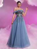 Women's Elegant Sequin Mesh Off Shoulder Chic A-Line Floor Length Cocktail Formal Evening Dress