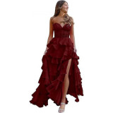 Women suspender Strapless Spring Summer sexy slit party ball Cascading Ruffles Evening Dress（Processing time need 3-6 days）