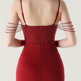 Women Fishbone Lace Sequin Wedding Fishtail Evening Dress