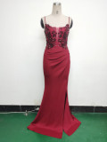 Women Fishbone Lace-Up Sequin Embroidery Formal Formal Party Evening Dress