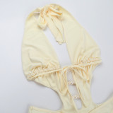 Women's Spring Swimming and Summer Fashion Beaded Hollow Halter Neck Bodysuit