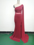 Women One Shoulder Slant Back Patchwork Mesh Formal Party Evening Dress