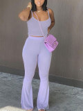 Women's Purple Bell Bottom High Waist Stretch Pants Sleeveless Vest Casual Two Piece Set