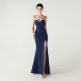 Women Strappy Heart-Shaped Lace Grid Embroidery Beaded Fishbone Formal Party Evening Dress