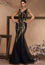 Women's Formal Party Sexy Chic Sequin Beaded Slim Fishtail Long Evening Dress
