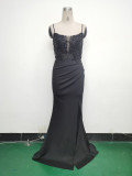 Women Fishbone Lace-Up Formal Formal Party Prom Strappy Sequin Evening Dress