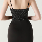 Women Strappy Heart-Shaped Lace Grid Embroidery Beaded Fishbone Formal Party Evening Dress