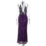 Women's Chains Sexy V-Neck Slit Low Back Slim Prints Dress