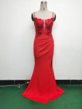 Women Fishbone Lace-Up Sequin Embroidery Formal Formal Party Evening Dress