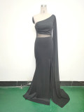 Women One Shoulder Slant Back Patchwork Mesh Formal Party Evening Dress
