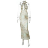 Women's Summer Beach Holiday Sexy Halter Neck Bodycon Sleeveless Print Dress
