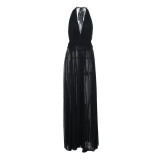 Women's Holidays Mesh Hollowed A-Line Deep V Halter Neck Long Dress