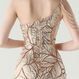 Women One Shoulder Beaded Sequin Embroidery Formal Party Prom Wedding Evening Dress