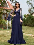 Women's Elegant Long Sleeve Split Sequin Patchwork Chic Cocktail Bridesmaid Evening Dress