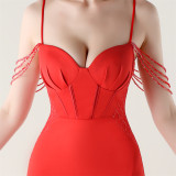 Women Fishbone Lace Sequin Wedding Fishtail Evening Dress
