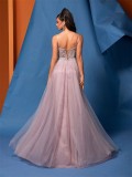 Women's Elegant A-Line Low Back Beaded Mesh Pink Sequin Strap Bridesmaid Formal Evening Dress