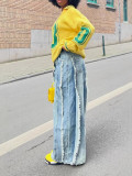 Women's Patchwork Fringe Raw Edge Denim Pants