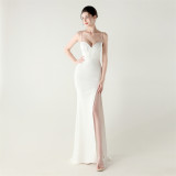 Women Fishbone Lace Sequin Formal Dinner Wedding Fishtail Evening Dress