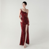 Women One Shoulder Beaded Geometric Sequin Formal Party Prom Wedding Evening Dress