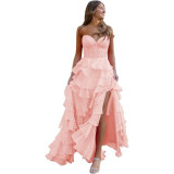 Women suspender Strapless Spring Summer sexy slit party ball Cascading Ruffles Evening Dress（Processing time need 3-6 days）