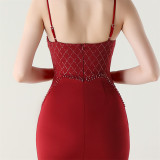 Women Strappy Heart-Shaped Lace Grid Embroidery Beaded Fishbone Formal Party Evening Dress