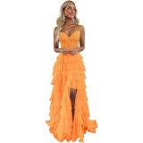 Women suspender Strapless Spring Summer sexy slit party ball Cascading Ruffles Evening Dress（Processing time need 3-6 days）