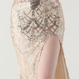 Women Beaded Tube Fishbone Lace-Up Sequin Formal Party Evening Dress