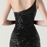 Women One Shoulder Beaded Geometric Sequin Formal Party Prom Wedding Evening Dress