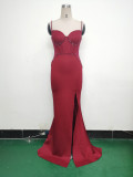 Women Strappy Heart-Shaped Lace Grid Embroidery Beaded Fishbone Formal Party Evening Dress