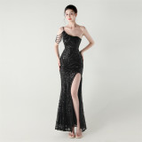 Women One Shoulder Beaded Sequin Embroidery Formal Party Prom Wedding Evening Dress