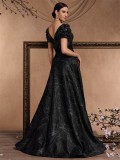 Women's Elegant Chic Sequin Patchwork Short Sleeve Cocktail Formal Evening Dress