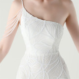 Women One Shoulder Beaded Sequin Embroidery Formal Party Prom Wedding Evening Dress
