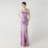 Women One Shoulder Beaded Sequin Embroidery Formal Party Prom Wedding Evening Dress