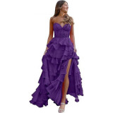 Women suspender Strapless Spring Summer sexy slit party ball Cascading Ruffles Evening Dress（Processing time need 3-6 days）