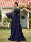 Women's Elegant Long Sleeve Split Sequin Patchwork Chic Cocktail Bridesmaid Evening Dress