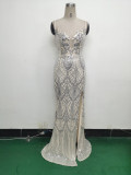 Women Beaded Tube Fishbone Lace-Up Sequin Formal Party Evening Dress