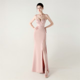 Women Strappy Heart-Shaped Lace Grid Embroidery Beaded Fishbone Formal Party Evening Dress