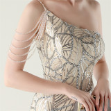 Women One Shoulder Beaded Sequin Embroidery Formal Party Prom Wedding Evening Dress