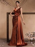 Women's Elegant Chic Sequin Patchwork V-Neck Sleeveless Cocktail Formal Evening Dress