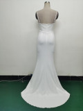 Women Strappy Heart-Shaped Lace Grid Embroidery Beaded Fishbone Formal Party Evening Dress