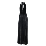 Women's Holidays Mesh Hollowed A-Line Deep V Halter Neck Long Dress