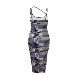 Plus Size Women's Fashionable Camouflage Print Strap Dress