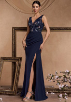 Women's Long Elegant Low Back Deep V Sequin Patchwork Chic Cocktail Bridesmaid Evening Dress