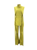 Women's Sexy Belt High Waist Bell Bottom Pants V-Neck Sleeveless Top Two Piece Set